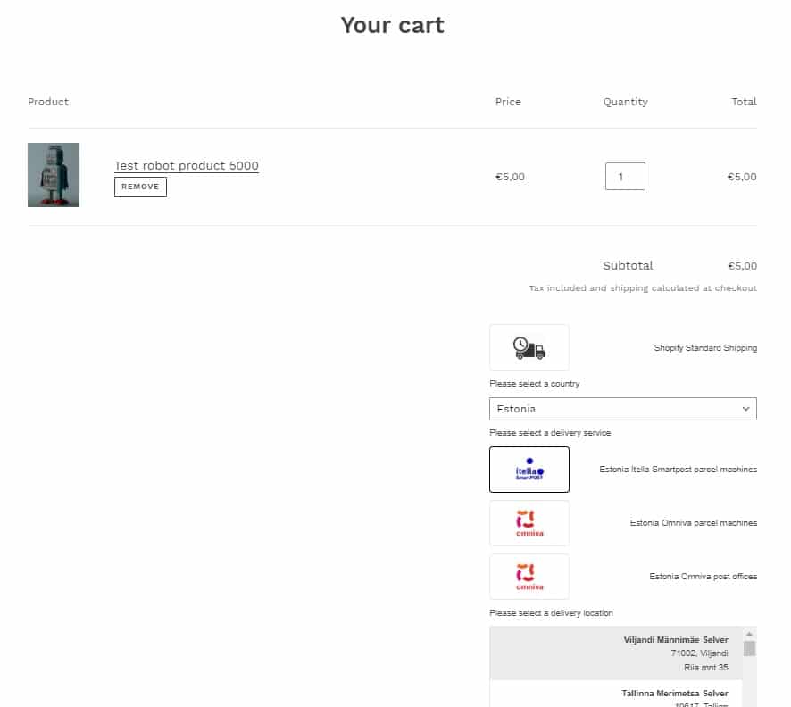 Shopify Itella smartpost pakiautomaadid
