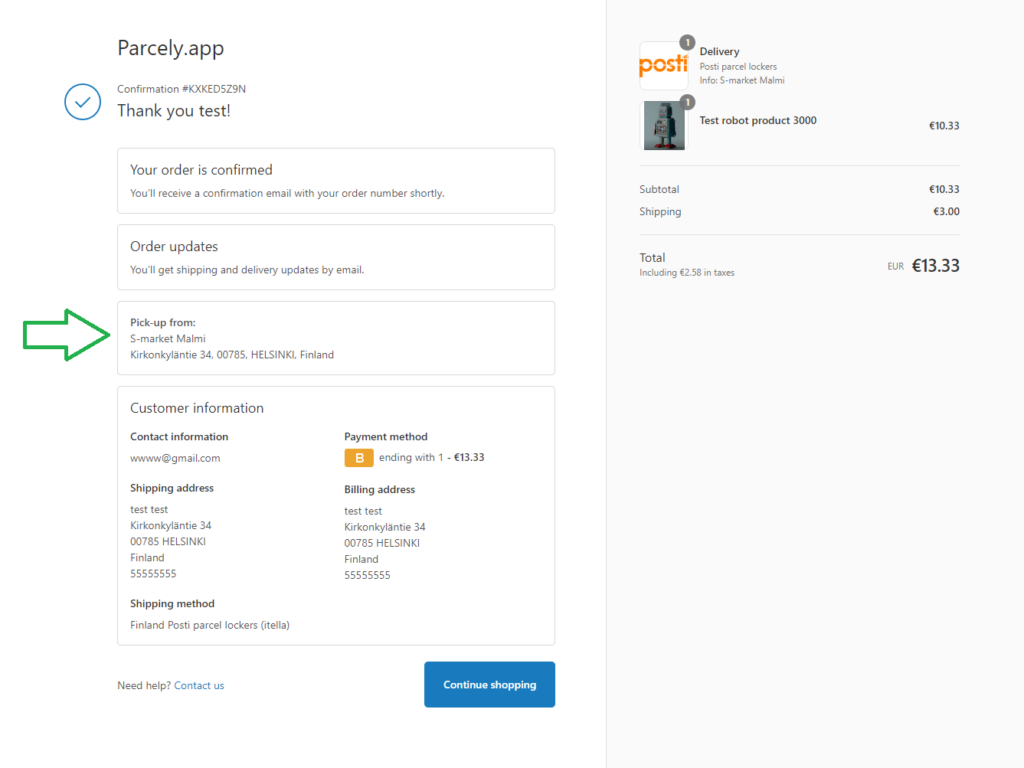 Posti pick up location in Shopify order